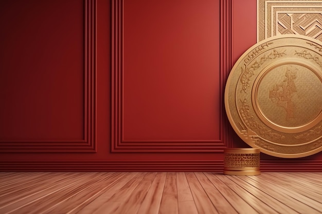 Un piatto d'oro rotondo si trova su un pavimento di legno in una stanza con pareti rosse.