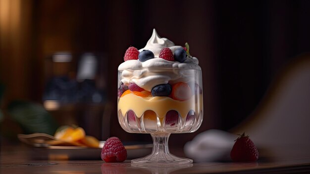 Un piatto da dessert con panna montata e frutti di bosco si trova su un tavolo.