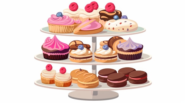 Un piatto da servizio con biscotti Un vassoio a tre strati con dolci dolcetti Cupcakes eclairs e macaroni su un tavolo a buffet Illustrazione moderna isolata su bianco