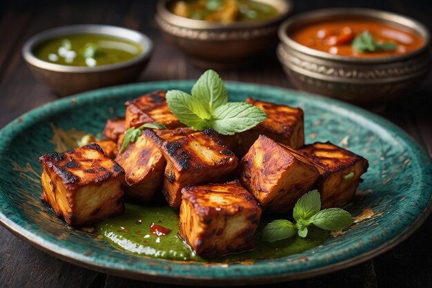 Un piatto delizioso di paneer tikka con un lato di