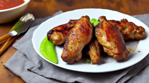 Un piatto di ali di pollo alla griglia con fagiolini sul lato.