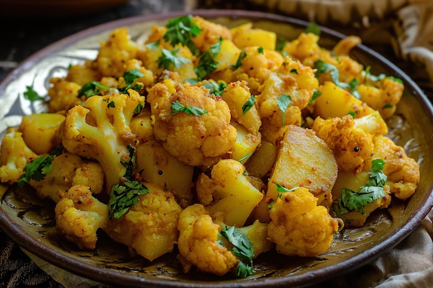 Un piatto di aloo gobi un piatto vegetariano fatto con patate cavolfiore e spezie indiane