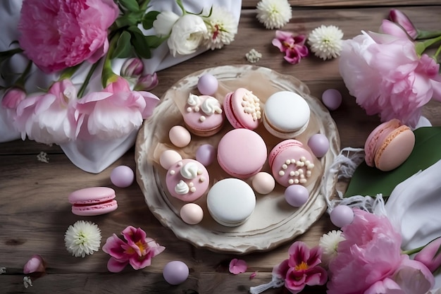 Un piatto di amaretti e fiori su un tavolo di legno