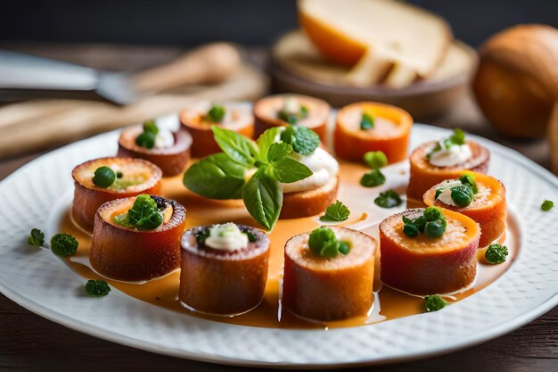 un piatto di aperitivi con una fetta di menta