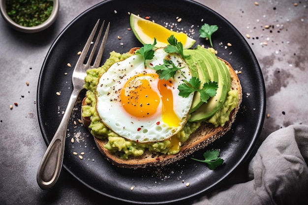 Un piatto di avocado toast con sopra un uovo fritto.