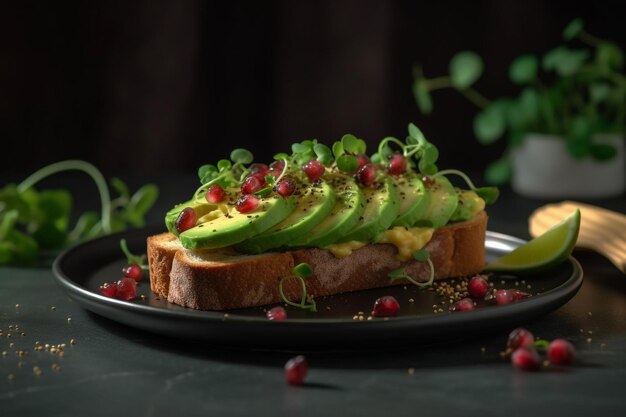 Un piatto di avocado toast con sopra una melagrana.