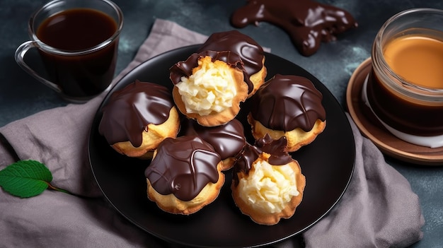 Un piatto di bignè al cioccolato con una tazza di caffè sul lato.