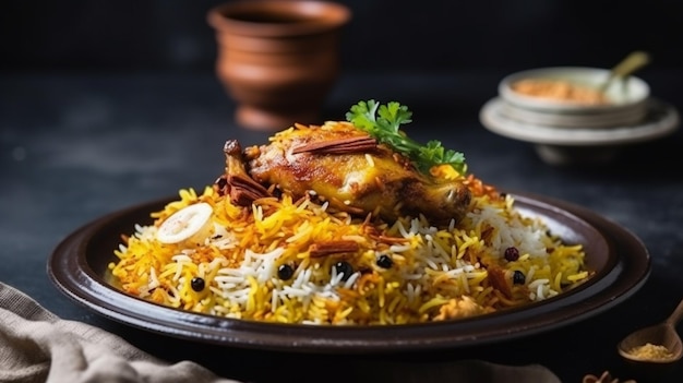 Un piatto di biryani con un piatto di pollo e riso sul lato.