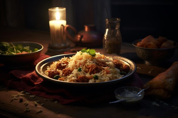 Un piatto di biryani con una ciotola di riso e un piatto di cibo sul tavolo