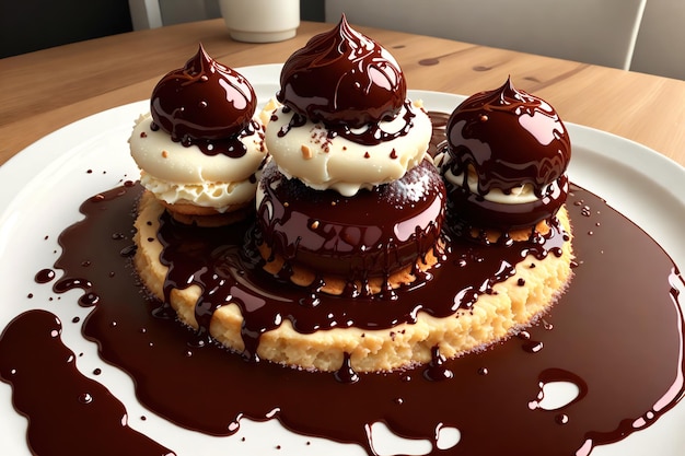 Un piatto di biscotti al cioccolato e meringa con glassa al cioccolato in cima.