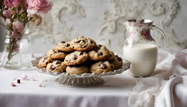 un piatto di biscotti al cioccolato e un bicchiere di latte