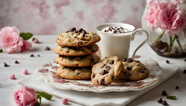 un piatto di biscotti al cioccolato e una tazza di caffè