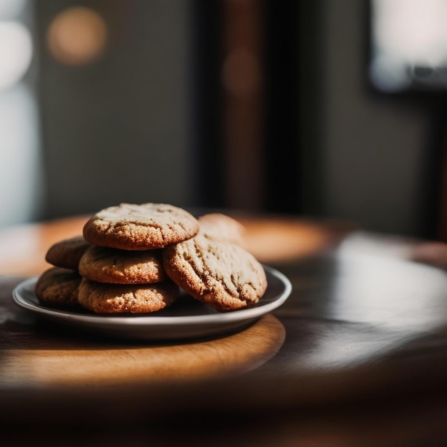 Un piatto di biscotti al cioccolato su un tavolo con una finestra sullo sfondo.