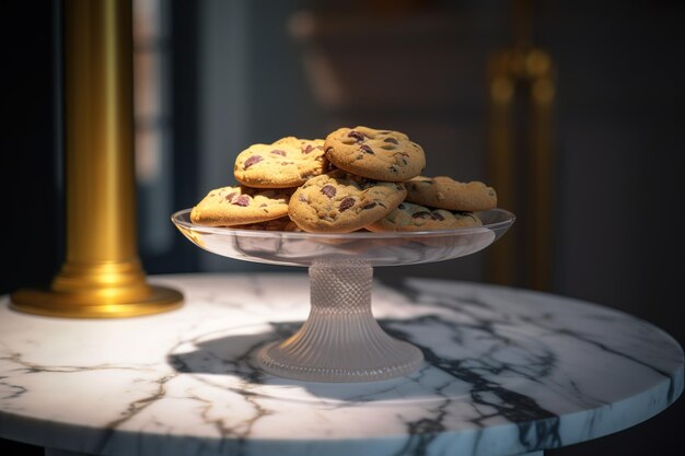 Un piatto di biscotti al cioccolato su un tavolo di marmo.