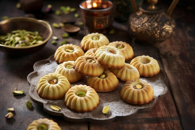 Un piatto di biscotti al pistacchio con una ciotola di cibo sul tavolo.