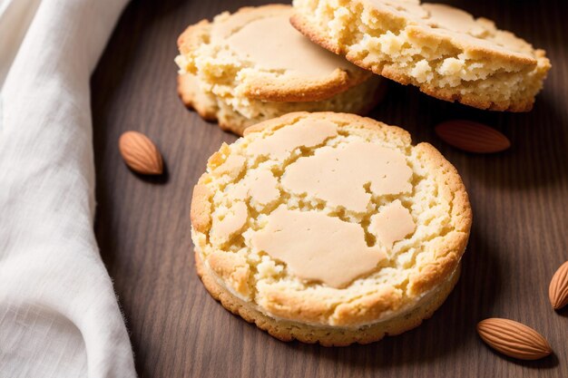 Un piatto di biscotti alle mandorle con accanto un tovagliolo bianco.