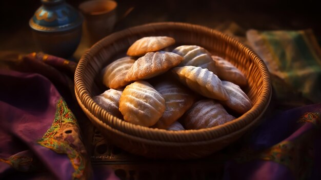 Un piatto di biscotti arabi Kahk con un piatto d'oro con una teiera sullo sfondo