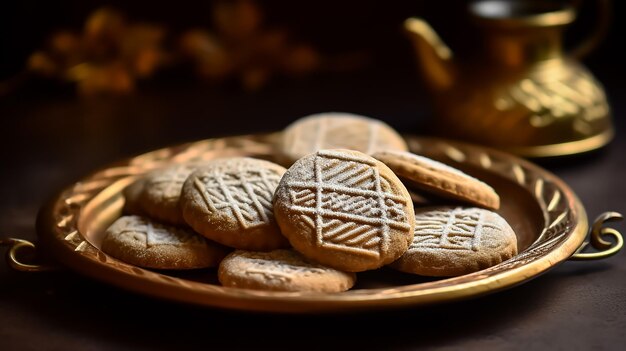 Un piatto di biscotti arabi Kahk con un piatto d'oro con una teiera sullo sfondo