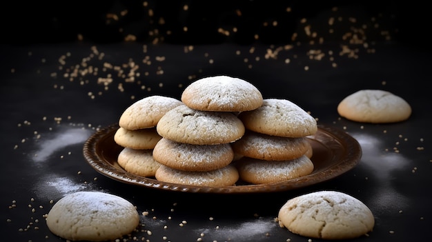 Un piatto di biscotti arabi Kahk con un piatto d'oro con una teiera sullo sfondo