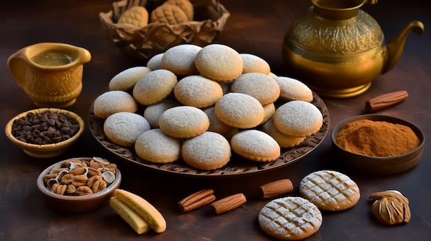 Un piatto di biscotti con bastoncini di cannella e altri biscotti sopra