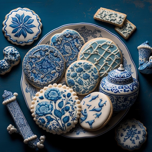 Un piatto di biscotti con disegni blu e un vaso con coperchio blu.