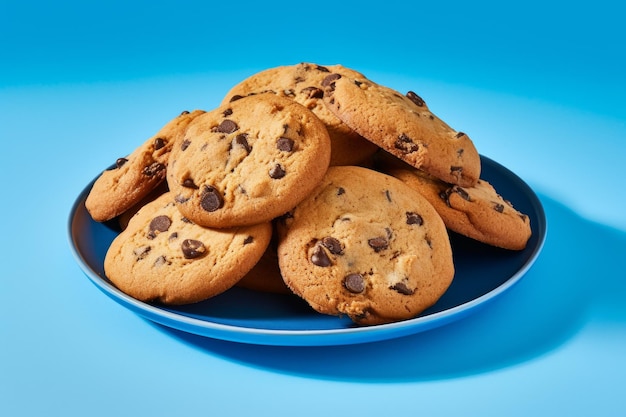 Un piatto di biscotti con gocce di cioccolato su sfondo blu