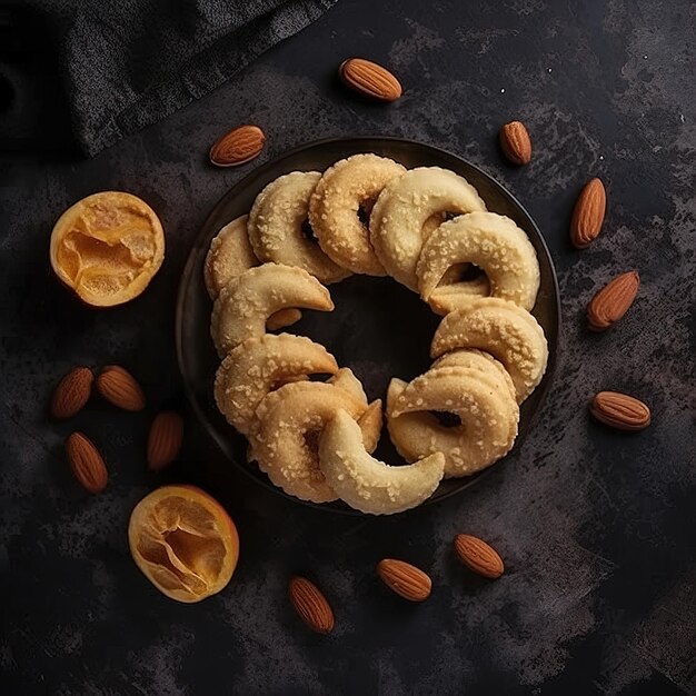 Un piatto di biscotti con mandorle e mandorle sopra