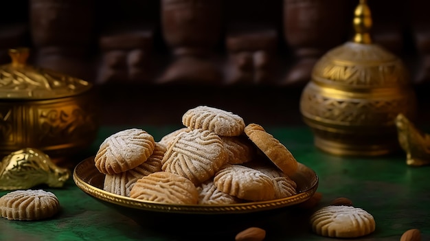 Un piatto di biscotti con un coperchio d'oro