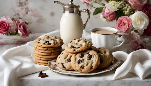 un piatto di biscotti con una brocca di latte accanto a esso con una tazza di caffè sullo sfondo