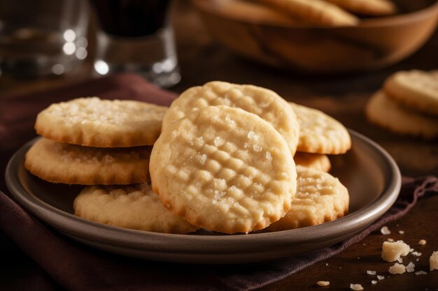 Un piatto di biscotti con una tazza di caffè sullo sfondo