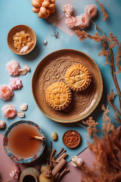 Un piatto di biscotti con una tazza di tè su sfondo blu.