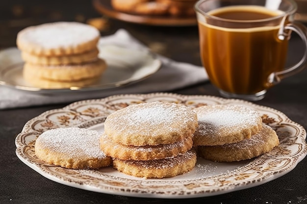 Un piatto di biscotti con zucchero a velo sopra e una tazza di caffè sullo sfondo.