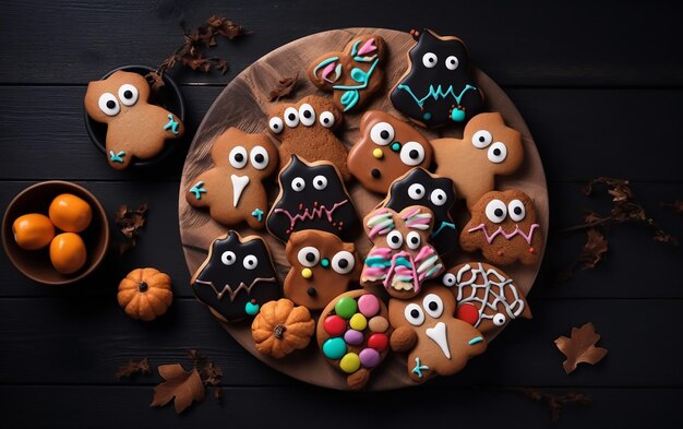 Un piatto di biscotti di Halloween con decorazioni di Halloween su di esso