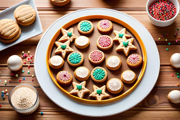 Un piatto di biscotti di Natale con una tazza di caffè sul tavolo.