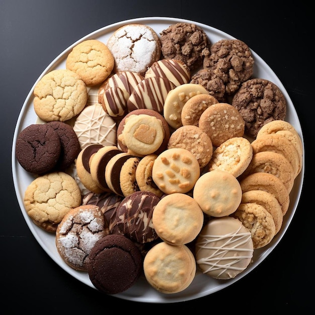 un piatto di biscotti tra cui cioccolato, vaniglia e cioccolato.