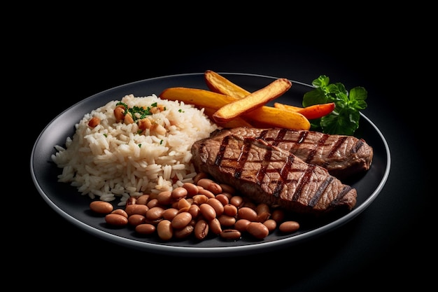 Un piatto di bistecca, fagioli e fagioli con uno sfondo nero.