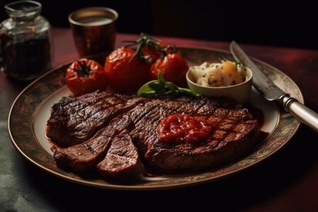 Un piatto di bistecche con salsa di pomodoro sul lato