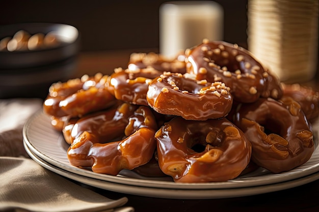 Un piatto di brezel appena sfornati inzuppati di caramello dolce e appiccicoso