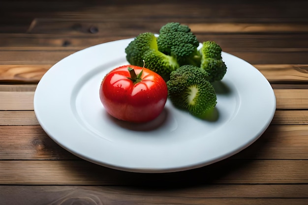 un piatto di broccoli, broccoli e un pomodoro su un tavolo di legno.