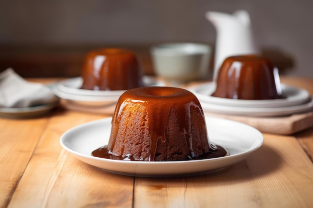 Un piatto di budino al caramello appiccicoso con un cucchiaio sul lato.