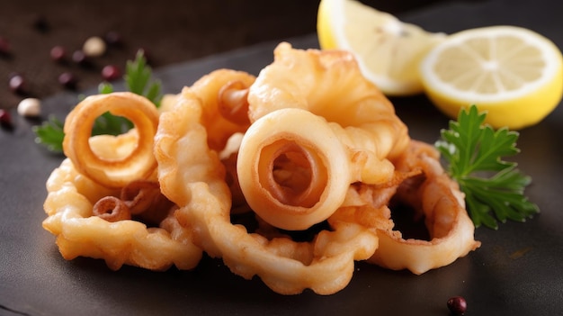 Un piatto di calamari fritti con fettine di limone sul lato