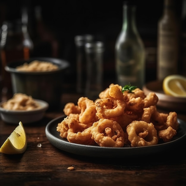 Un piatto di calamari fritti su un tavolo di legno con spicchi di limone.