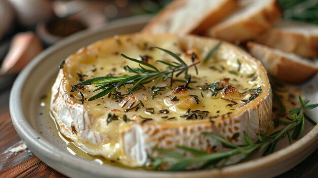 Un piatto di camembert al forno con rosmarino e aglio con un lato di pane