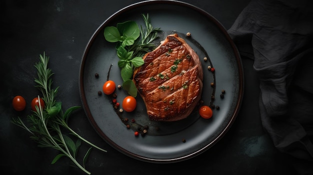 Un piatto di carne alla griglia con pomodori ed erbe aromatiche su uno sfondo scuro.