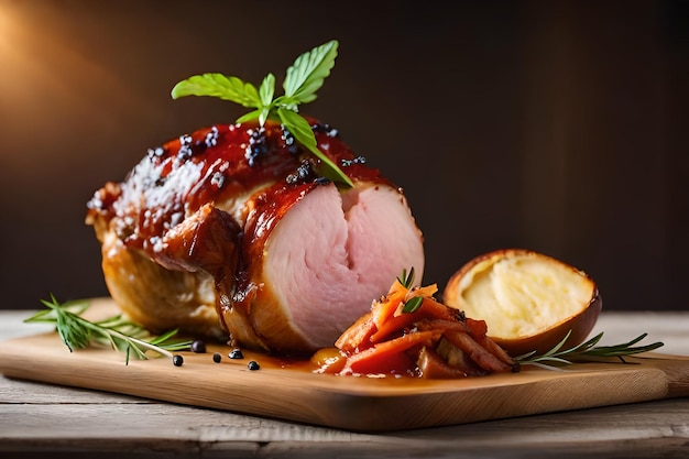 un piatto di carne di maiale con sopra un limone e prezzemolo.