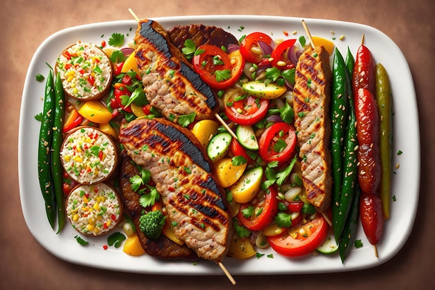 Un piatto di carne e verdure alla griglia con uno spiedino di verdure.