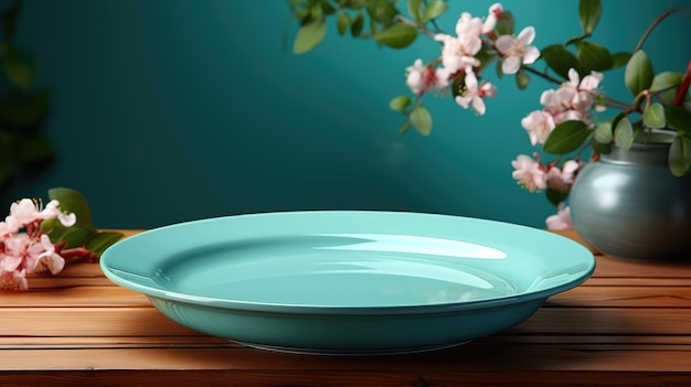 Un piatto di ceramica blu vuoto si trova su un tavolo di legno con dei fiori