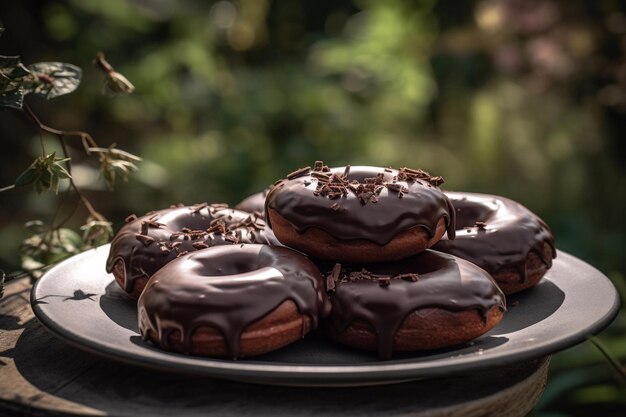 Un piatto di ciambelle al cioccolato con glassa al cioccolato in cima