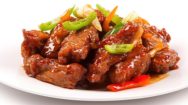 Un piatto di cibo cinese con una salsa rossa