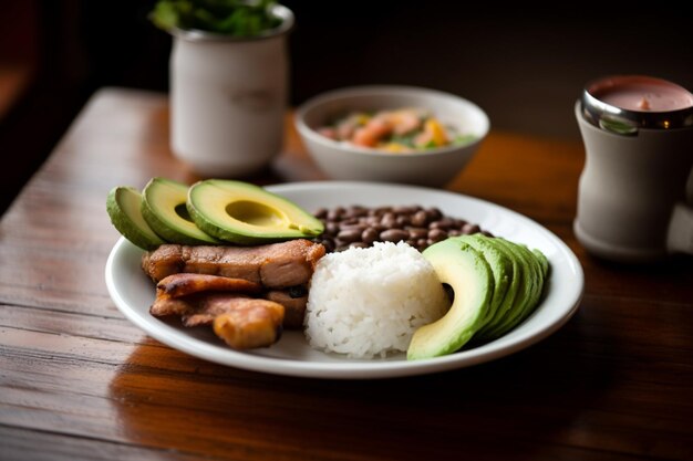 Un piatto di cibo con avocado, avocado e fagioli.